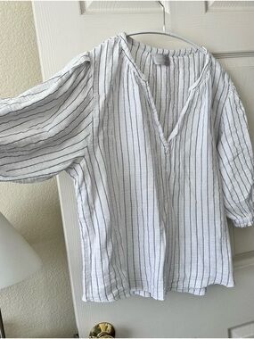Gauze Lightweight Boxy Blouse White Stripe Oversized Size Large